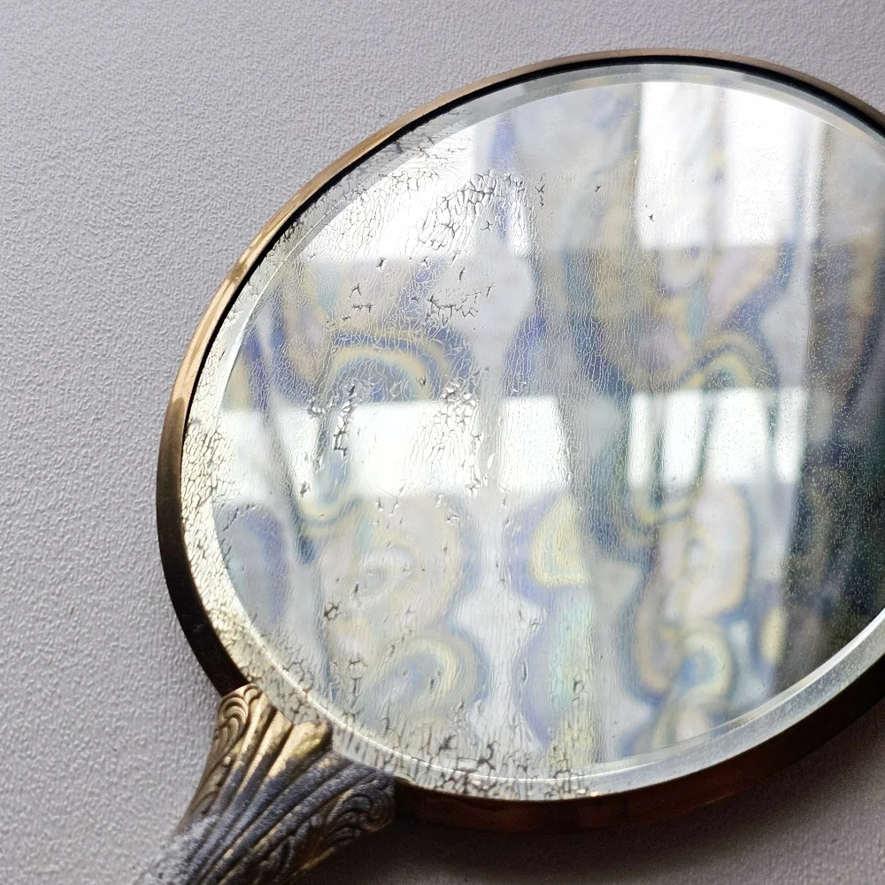🪞 Early 1900s Antique Vanity Mirror & Brush Set Guilloché Style Glass Handles